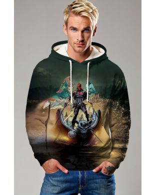 Dark Green & Black Red Hood Graphic Hoodie