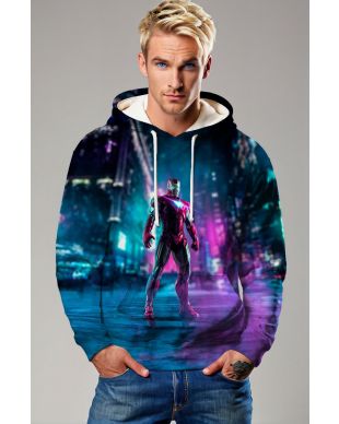 Dark Blue Iron Man Neon City Graphic Hoodie