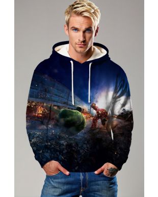 Dark Blue Hulk vs Iron Man Hulkbuster Battle Graphic Hoodie