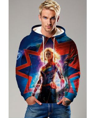 Captain Marvel Graphic Apparel – Vibrant Red & Blue Pullover Hoodie