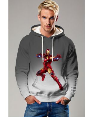 Gray & White Iron Man Pullover Hoodie – Bold Red Hero Style