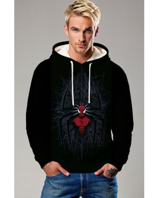 Black Spider‑Web Graphic Pullover Hoodie – Red Hero Icon Design
