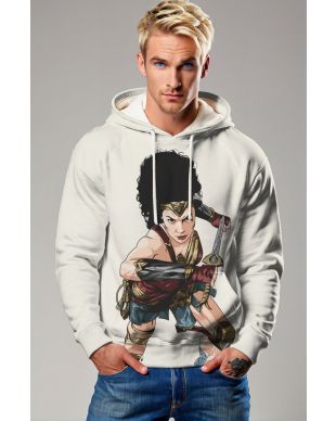 White Pullover Hoodie – Fierce Wonder Warrior Comic Style