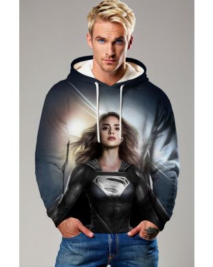 Black Silver Superwoman Pullover Hoodie – Realistic Hero Portrait
