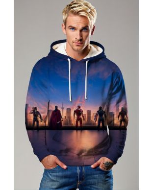 Dark Blue Avengers Sunset Skyline Graphic Hoodie 