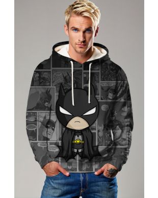Grumpy Vigilante Hoodie – Black Hoodie with Chibi Dark Hero & Comic Collage