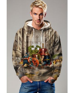 Chibi Heroes Hoodie – Khaki Brown Funny Super Squad Pullover