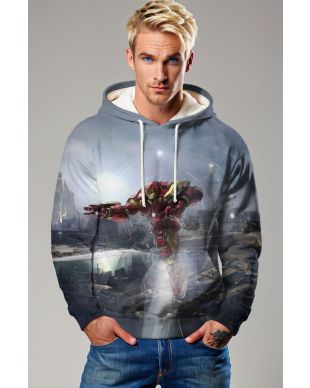 Marvel Avengers Inspired Men’s Red and Gold Hulkbuster Battle Scene Pullover Hoodie