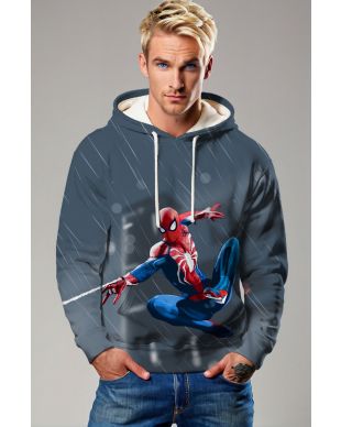 Spider-Man Web-Swinging Rain Scene Dark Blue Pullover Hoodie