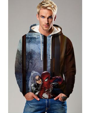 Spider-Man & Black Cat Love Scene Zip-Up Hoodie – Steel Blue & Shadow Brown