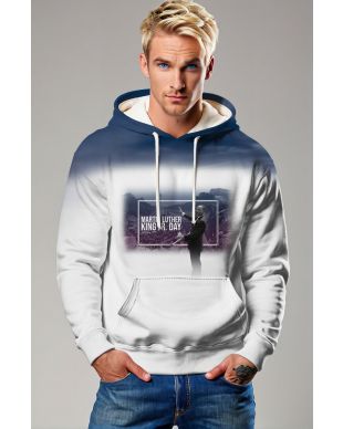 MLK Inspired Gradient Blue Print Casual White Hooded Sweater