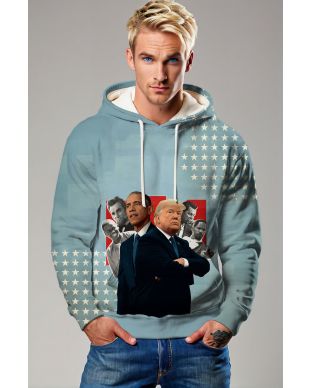 Presidential Memorial Blue Hoodie With Realistic Obama and Trump Portraits