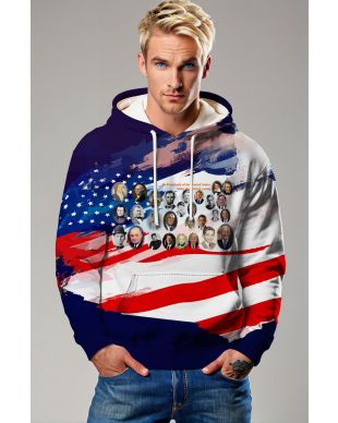 American Flag Presidents Print Blue Hooded Sweatshirt