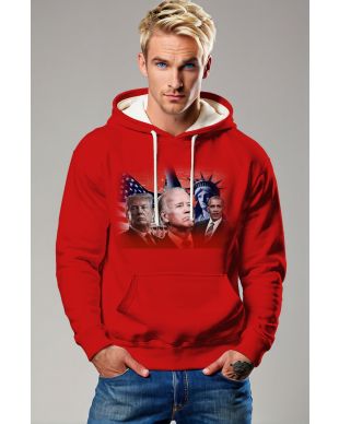 Presidential Memorial Red Hoodie with Trump Biden and Obama Portraits and American Flag Design