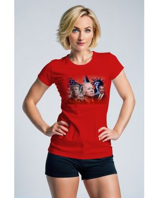 Presidential Memorial Loose Fit Red Casual TShirt with US Flag and Statue of Liberty
