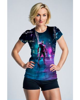 Dark Blue Iron Man Neon City Graphic T‑Shirt