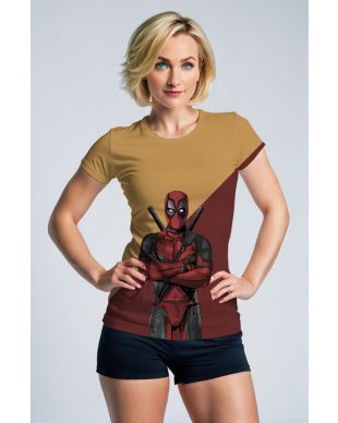 Deadpool Arms‑Crossed Graphic T‑Shirt – Brown & Maroon Casual Tee