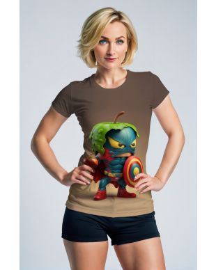 Khaki Tee – Cartoon Apple Hero with Shield and Leaf Helmet