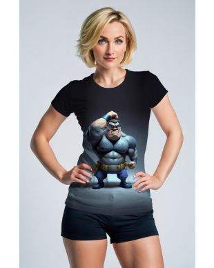 Navy Blue Tee – Cartoon Strongman Hero in Gradient Design