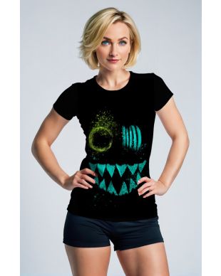 Grin Glitch Tee – Jet Black Shirt with Acid Neon Face