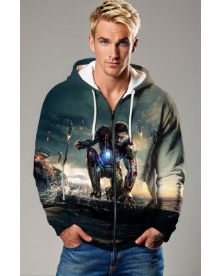 Iron Man Armor Graphic Zip‑Up Hoodie – Dark Green & Black
