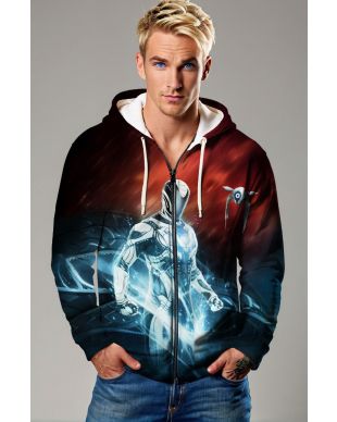 Futuristic Silver Warrior Zip‑Up Hoodie – Deep Red & Black