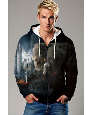  Black Giant Ape Cityscape Graphic Zip‑Up Hoodie