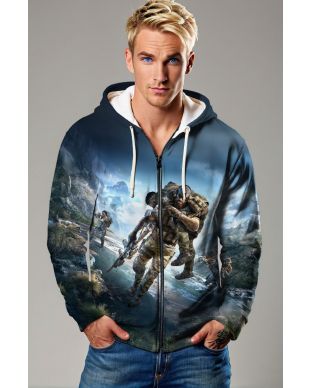 Blue‑Black Tactical Rescue Graphic Zip‑Up Hoodie