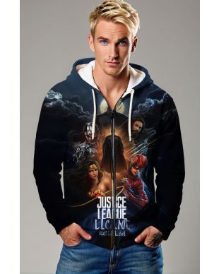 Dark Blue Justice League Graphic Zip‑Up Hoodie