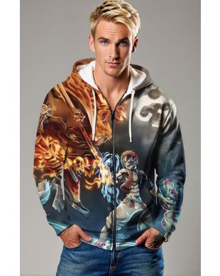 Brown & Blue Anime Battle Zip‑Up Hoodie