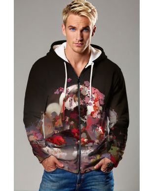 Black Anime Art Zip‑Up Hoodie with Floral Accents