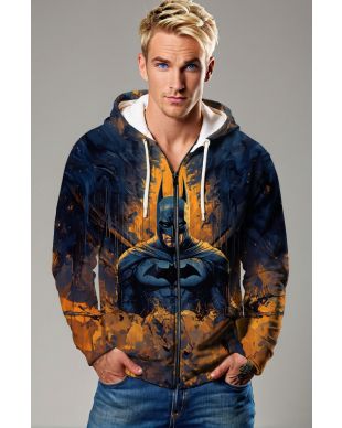Dark Blue & Orange Batman Graphic Zip‑Up Hoodie