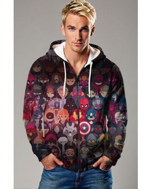 Dark Multicolor Marvel Heroes Graphic Zip‑Up Hoodie