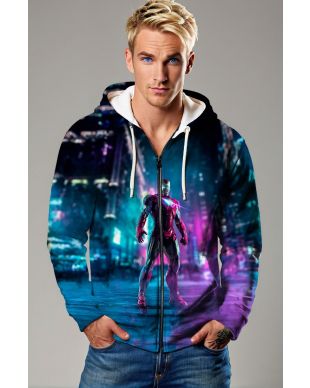 Dark Blue Iron Man Neon City Graphic Zip‑Up Hoodie