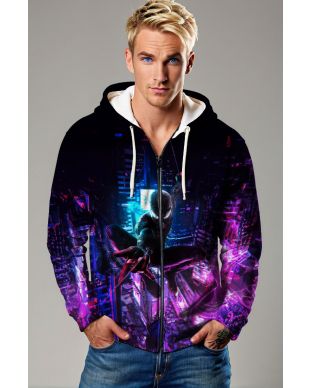 Dark Black & Neon Spider‑Man City Graphic Zip‑Up Hoodie