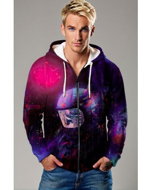 Dark Purple & Black Futuristic Astronaut Graphic Zip‑Up Hoodie