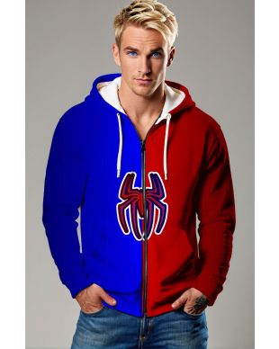Spider Logo Split Red & Blue Zip‑Up Hoodie