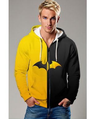 Superhero Bat Logo Graphic Apparel – Yellow & Black Zip‑Up Hoodie