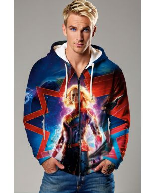 Captain Marvel Graphic Apparel – Vibrant Red & Blue Zip‑Up Hoodie