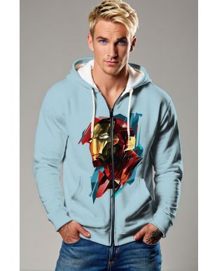 Iron Hero Polygon Art Apparel – Light Blue Zip‑Up Hoodie