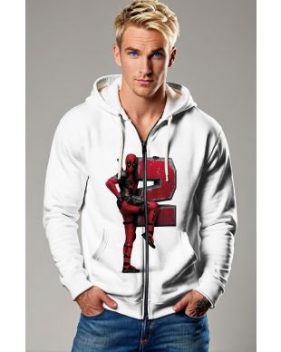 White Deadpool 2 Zip‑Up Hoodie – Fun Red Character Design