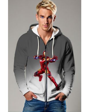Gray & White Iron Man Zip‑Up Hoodie – Dynamic Hero Graphic