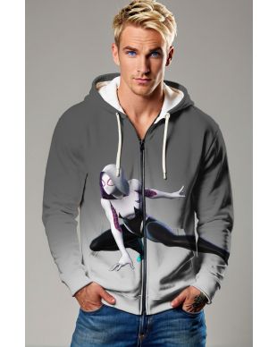 Gray & White Spider‑Gwen Zip‑Up Hoodie – Sleek Hero Vibes