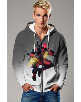 Gray & White Deadpool Zip‑Up Hoodie – Heroic Urban Vibes