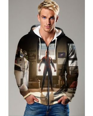 Dark Brown & Black Spider‑Man Room Scene Zip‑Up Hoodie – Layered Hero Style