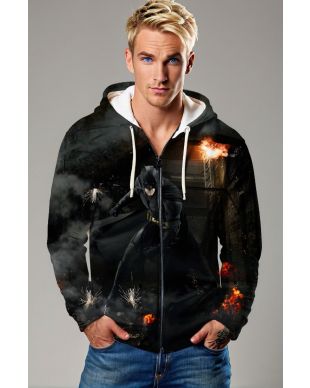 Black Batman Explosive Scene Zip‑Up Hoodie – Versatile Gotham Actionwear