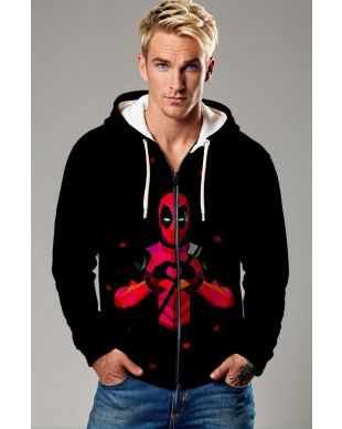 Black Deadpool Heart Hands Zip‑Up Hoodie – Versatile Comic Style