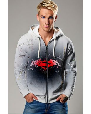 Light Gray Superman vs Batman Zip‑Up Hoodie – Edgy Hero Comfort