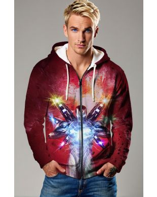 Wine Red Iron Man Arc Reactor Zip‑Up Hoodie – Tech Hero Comfort