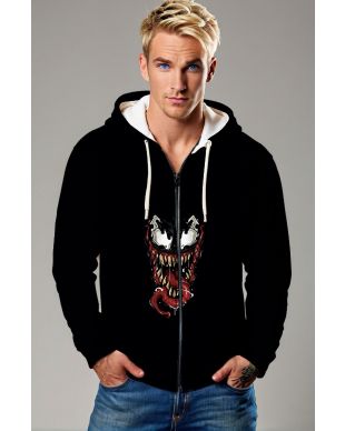 Venom Split Smile Zip‑Up Hoodie – Black Heroic Edge